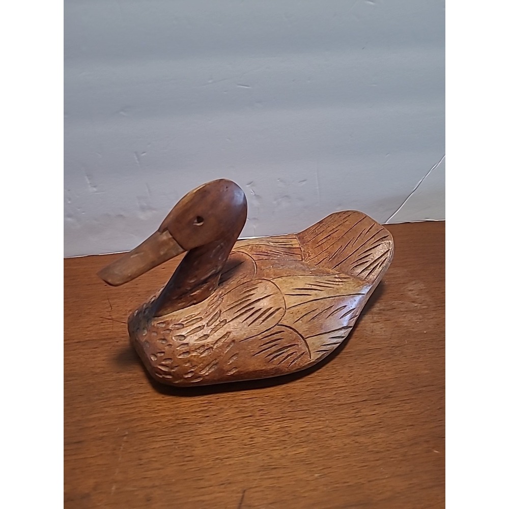 Solid Carved Wooden Duck Decoy 10" Hand Crafted Dark Brown Figurine Unmarked
